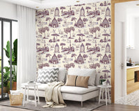 Papier peint représentant un jardin victorien avec cygne, en toile de Jouy moderne, scène contrastée inattendue