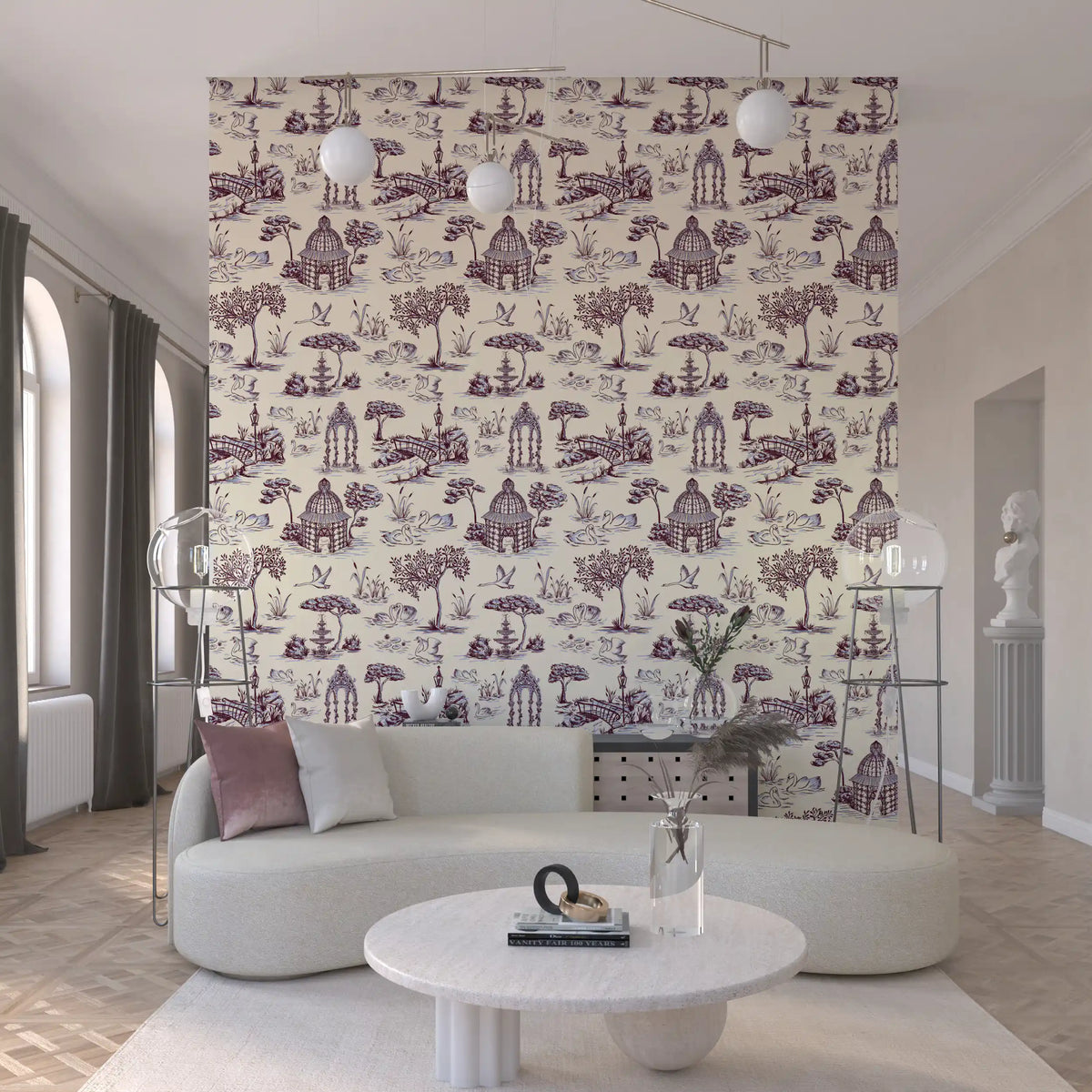 Papier peint représentant un jardin victorien avec cygne, en toile de Jouy moderne, scène contrastée inattendue