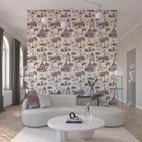 Papier peint représentant un jardin victorien avec cygne, en toile de Jouy moderne, scène contrastée inattendue