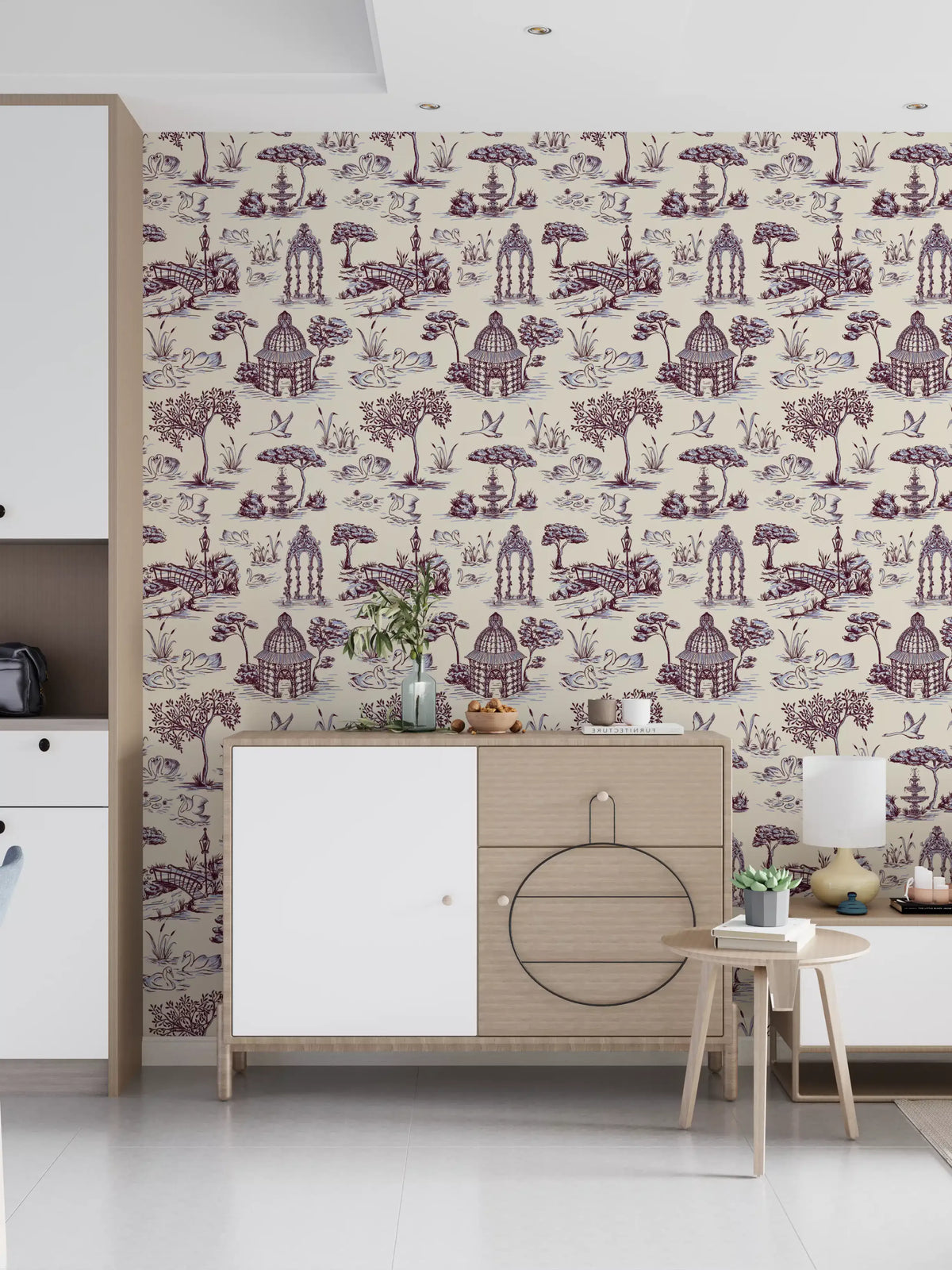 Papier peint représentant un jardin victorien avec cygne, en toile de Jouy moderne, scène contrastée inattendue