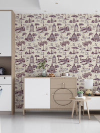 Papier peint représentant un jardin victorien avec cygne, en toile de Jouy moderne, scène contrastée inattendue