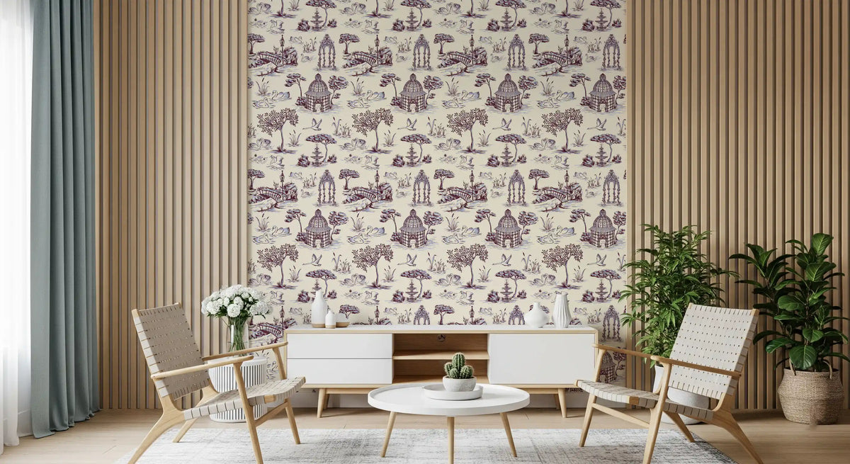Papier peint représentant un jardin victorien avec cygne, en toile de Jouy moderne, scène contrastée inattendue