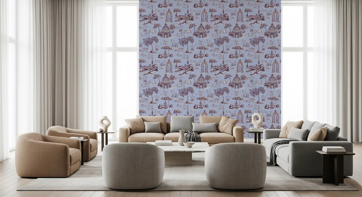 Papel de parede com cenário de jardim vitoriano moderno Toile de Jouy com cisnes - contraste de tons quentes e frios