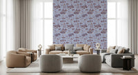 Papel de parede com cenário de jardim vitoriano moderno Toile de Jouy com cisnes - contraste de tons quentes e frios