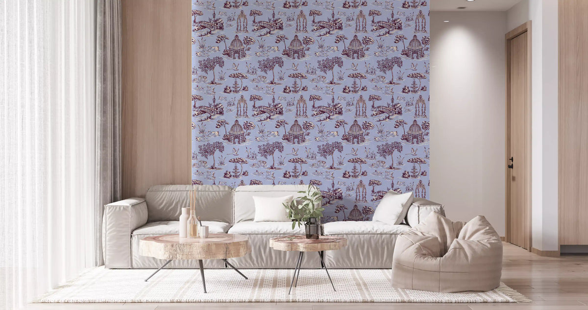 Papel de parede com cenário de jardim vitoriano moderno Toile de Jouy com cisnes - contraste de tons quentes e frios