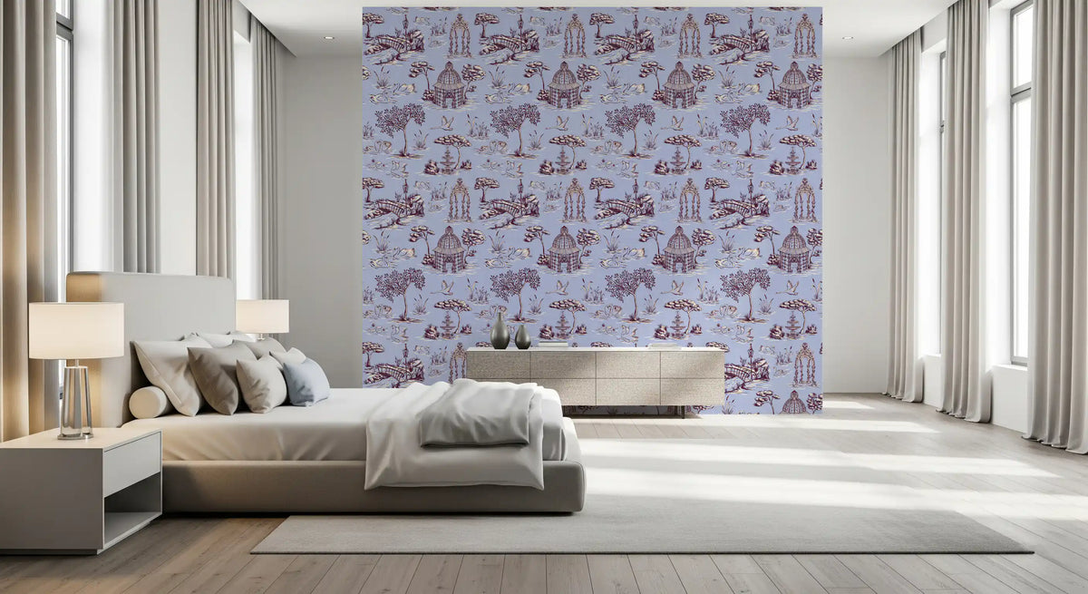 Papel de parede com cenário de jardim vitoriano moderno Toile de Jouy com cisnes - contraste de tons quentes e frios