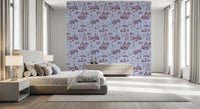 Papel de parede com cenário de jardim vitoriano moderno Toile de Jouy com cisnes - contraste de tons quentes e frios