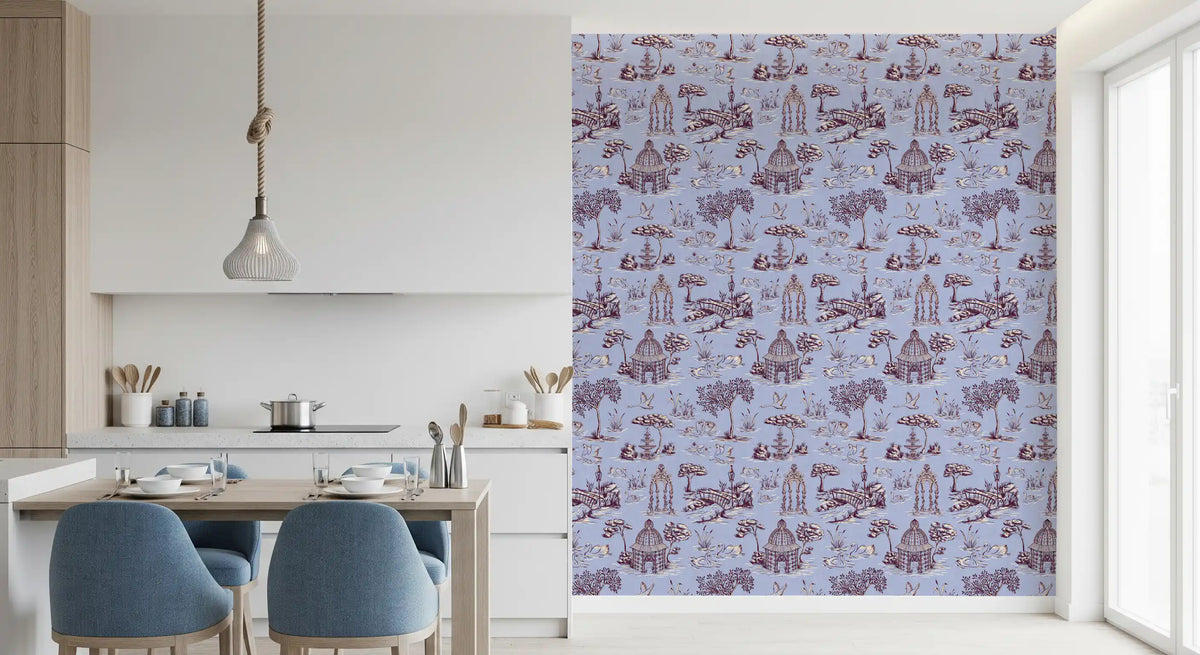 Papel de parede com cenário de jardim vitoriano moderno Toile de Jouy com cisnes - contraste de tons quentes e frios