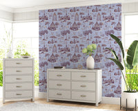 Papel de parede com cenário de jardim vitoriano moderno Toile de Jouy com cisnes - contraste de tons quentes e frios