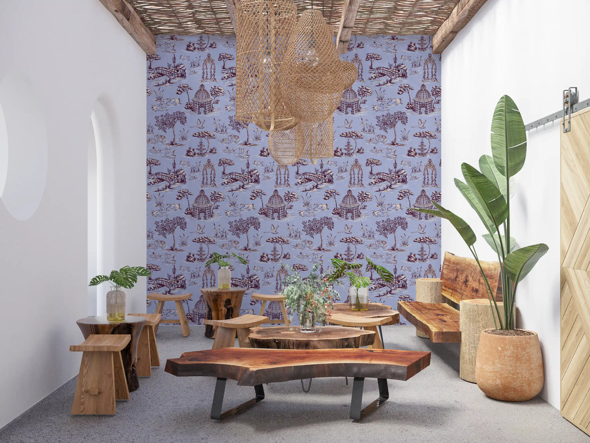 Papel de parede com cenário de jardim vitoriano moderno Toile de Jouy com cisnes - contraste de tons quentes e frios