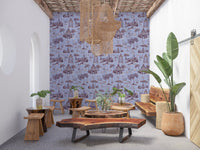 Papel de parede com cenário de jardim vitoriano moderno Toile de Jouy com cisnes - contraste de tons quentes e frios