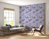 Papel de parede com cenário de jardim vitoriano moderno Toile de Jouy com cisnes - contraste de tons quentes e frios