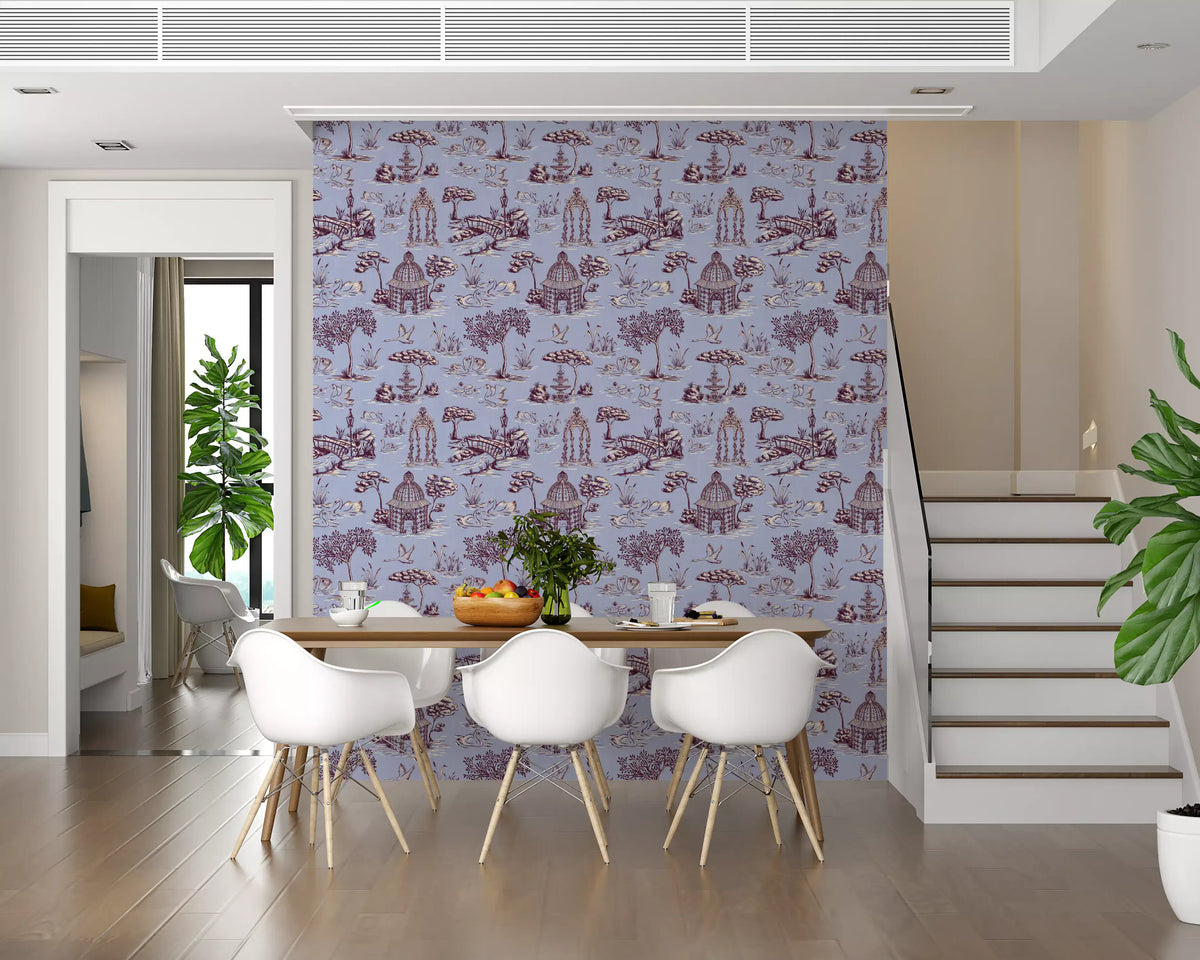 Papel de parede com cenário de jardim vitoriano moderno Toile de Jouy com cisnes - contraste de tons quentes e frios