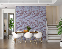 Papel de parede com cenário de jardim vitoriano moderno Toile de Jouy com cisnes - contraste de tons quentes e frios