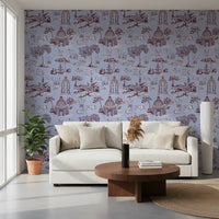 Papel de parede com cenário de jardim vitoriano moderno Toile de Jouy com cisnes - contraste de tons quentes e frios