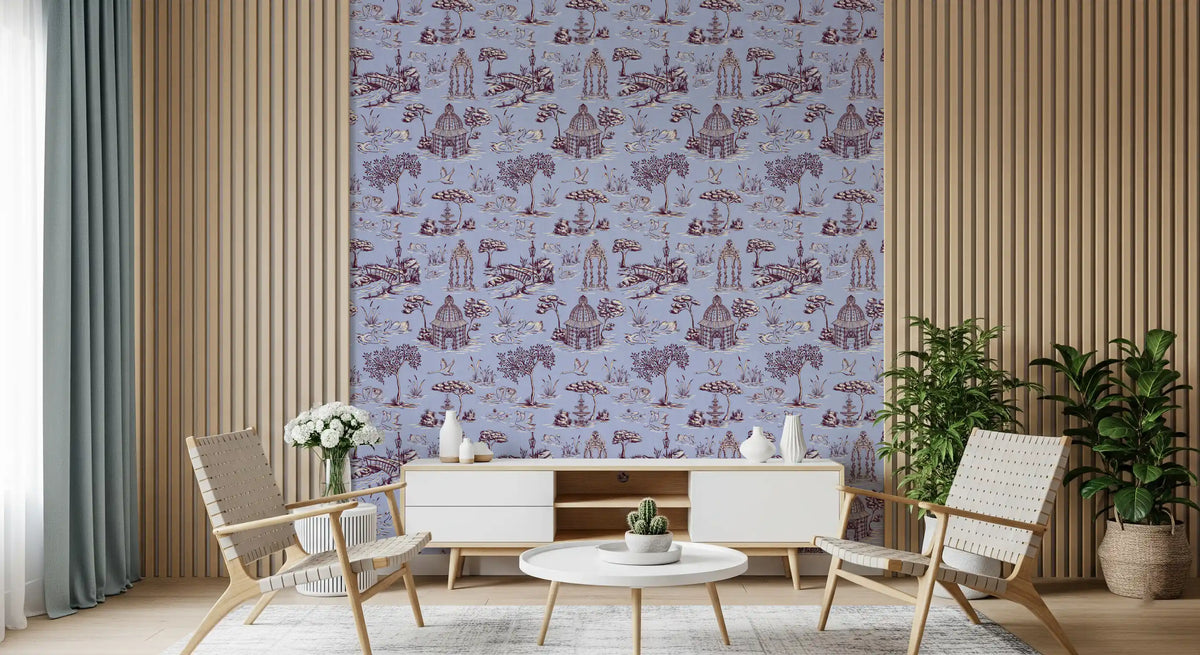 Papel de parede com cenário de jardim vitoriano moderno Toile de Jouy com cisnes - contraste de tons quentes e frios