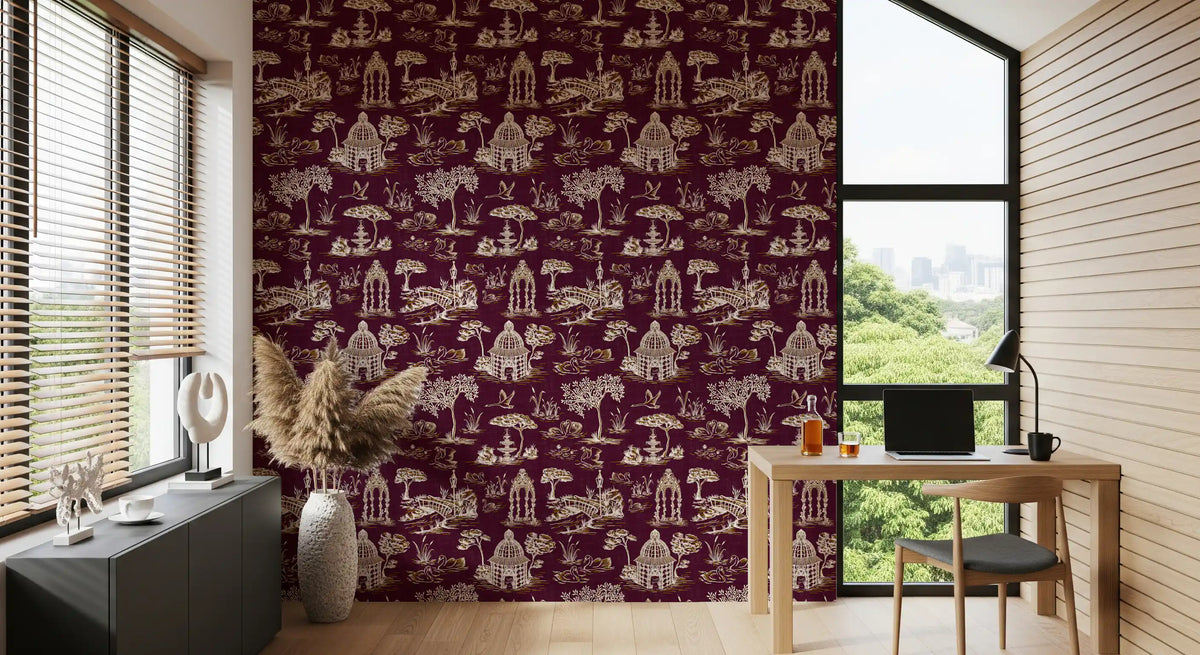 Papier peint moderne Toile de Jouy représentant un cygne dans un jardin victorien - Tons joyaux royaux