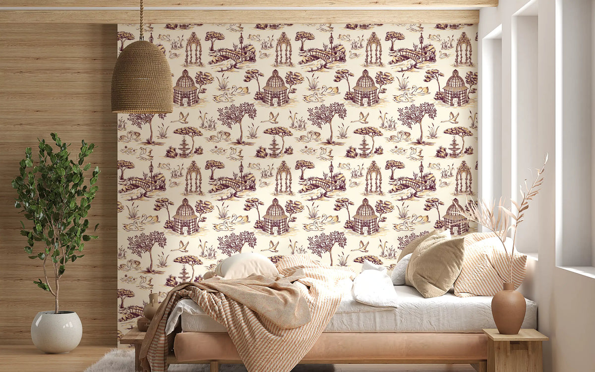 Papel de parede Modern Toile de Jouy com cisnes, cenário de jardim vitoriano - contraste intenso