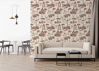 Papel de parede Modern Toile de Jouy com cisnes, cenário de jardim vitoriano - contraste intenso