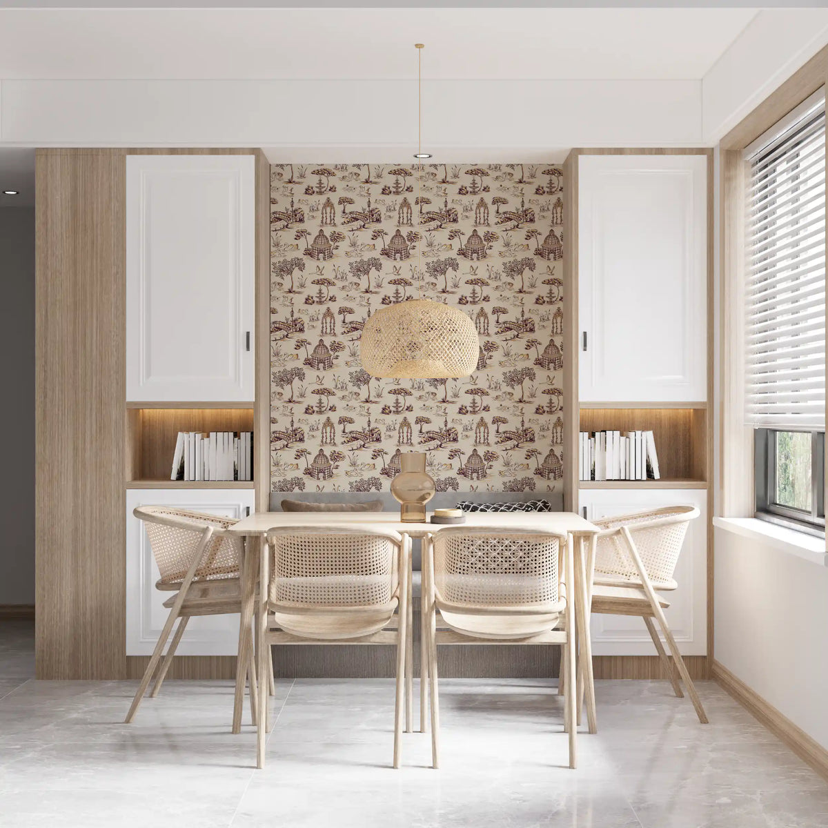 Papel de parede Modern Toile de Jouy com cisnes, cenário de jardim vitoriano - contraste intenso