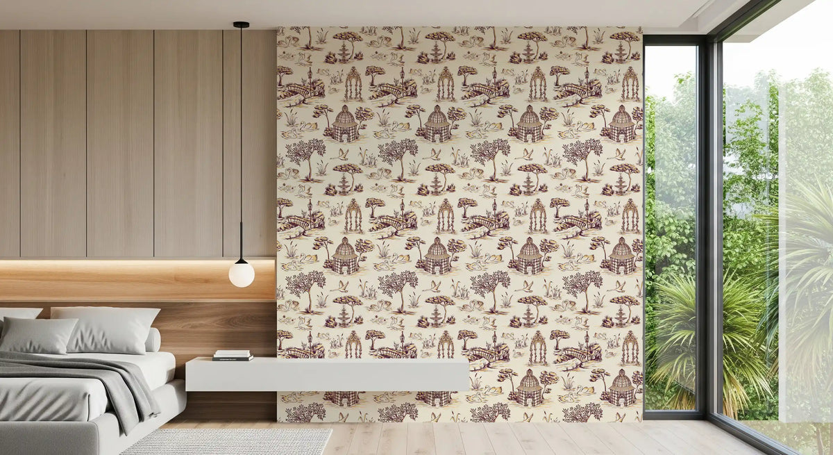 Papel de parede Modern Toile de Jouy com cisnes, cenário de jardim vitoriano - contraste intenso