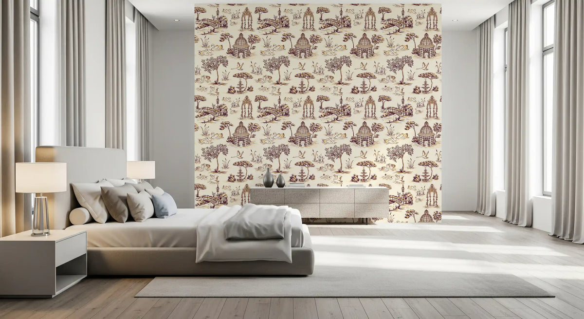 Papel de parede Modern Toile de Jouy com cisnes, cenário de jardim vitoriano - contraste intenso
