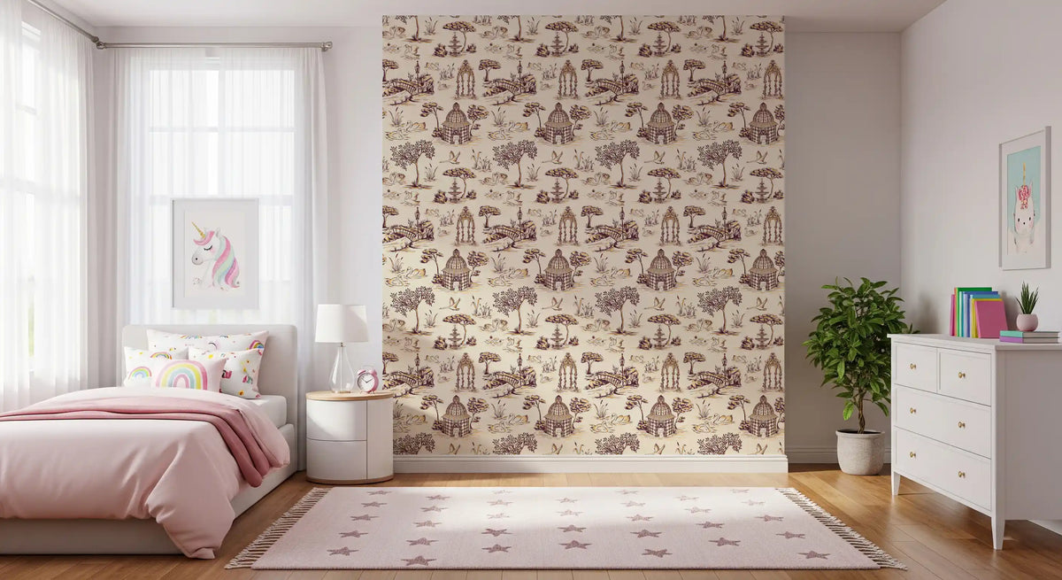 Papel de parede Modern Toile de Jouy com cisnes, cenário de jardim vitoriano - contraste intenso