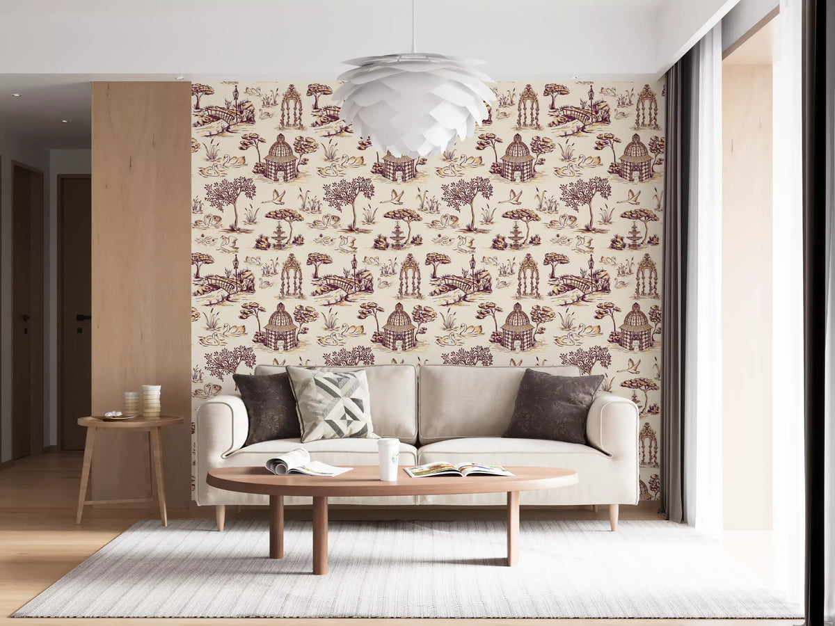 Papel de parede Modern Toile de Jouy com cisnes, cenário de jardim vitoriano - contraste intenso