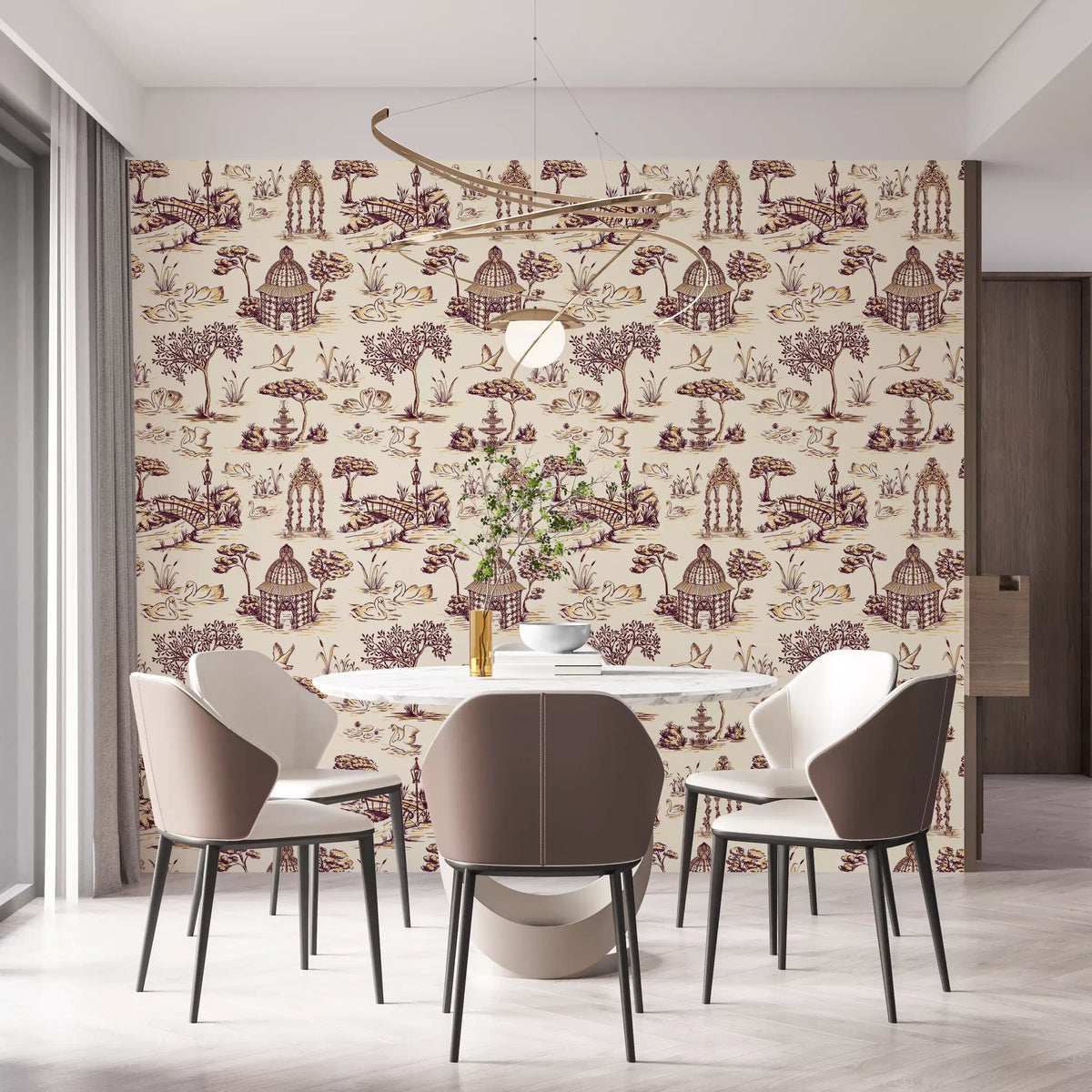 Papel de parede Modern Toile de Jouy com cisnes, cenário de jardim vitoriano - contraste intenso