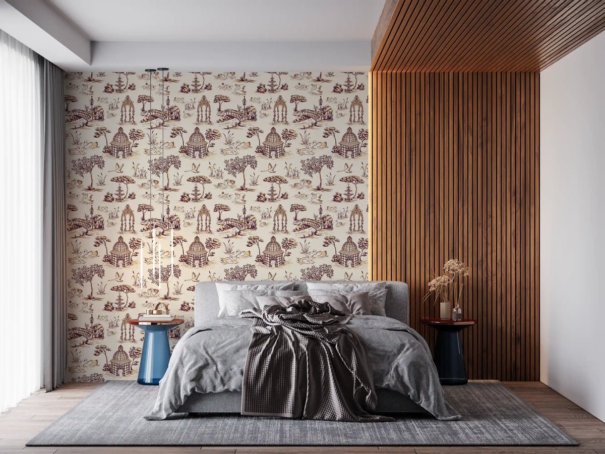 Papel de parede Modern Toile de Jouy com cisnes, cenário de jardim vitoriano - contraste intenso