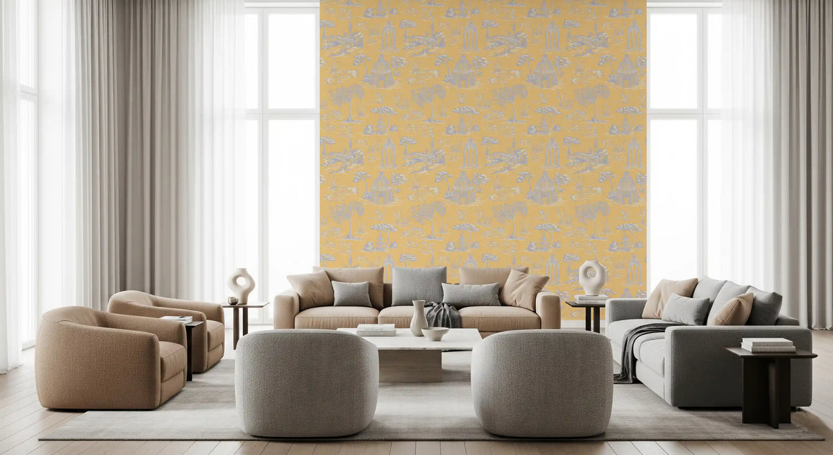 Paisaje de jardín victoriano moderno con cisnes estilo Toile de Jouy - Papel pintado moderno de contraste pastel
