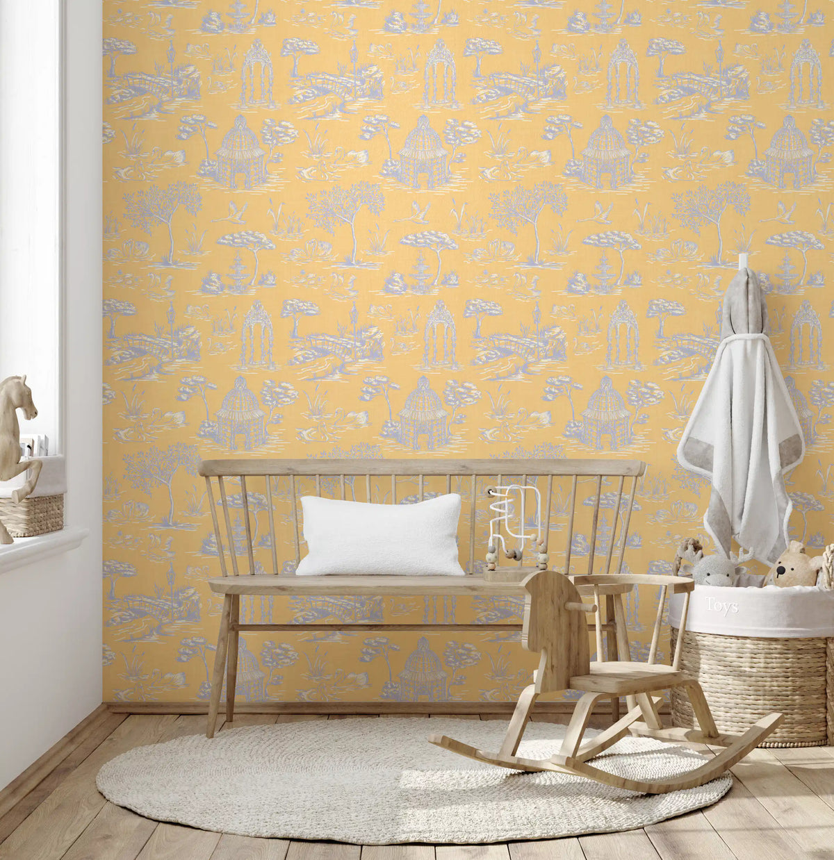 Paisaje de jardín victoriano moderno con cisnes estilo Toile de Jouy - Papel pintado moderno de contraste pastel