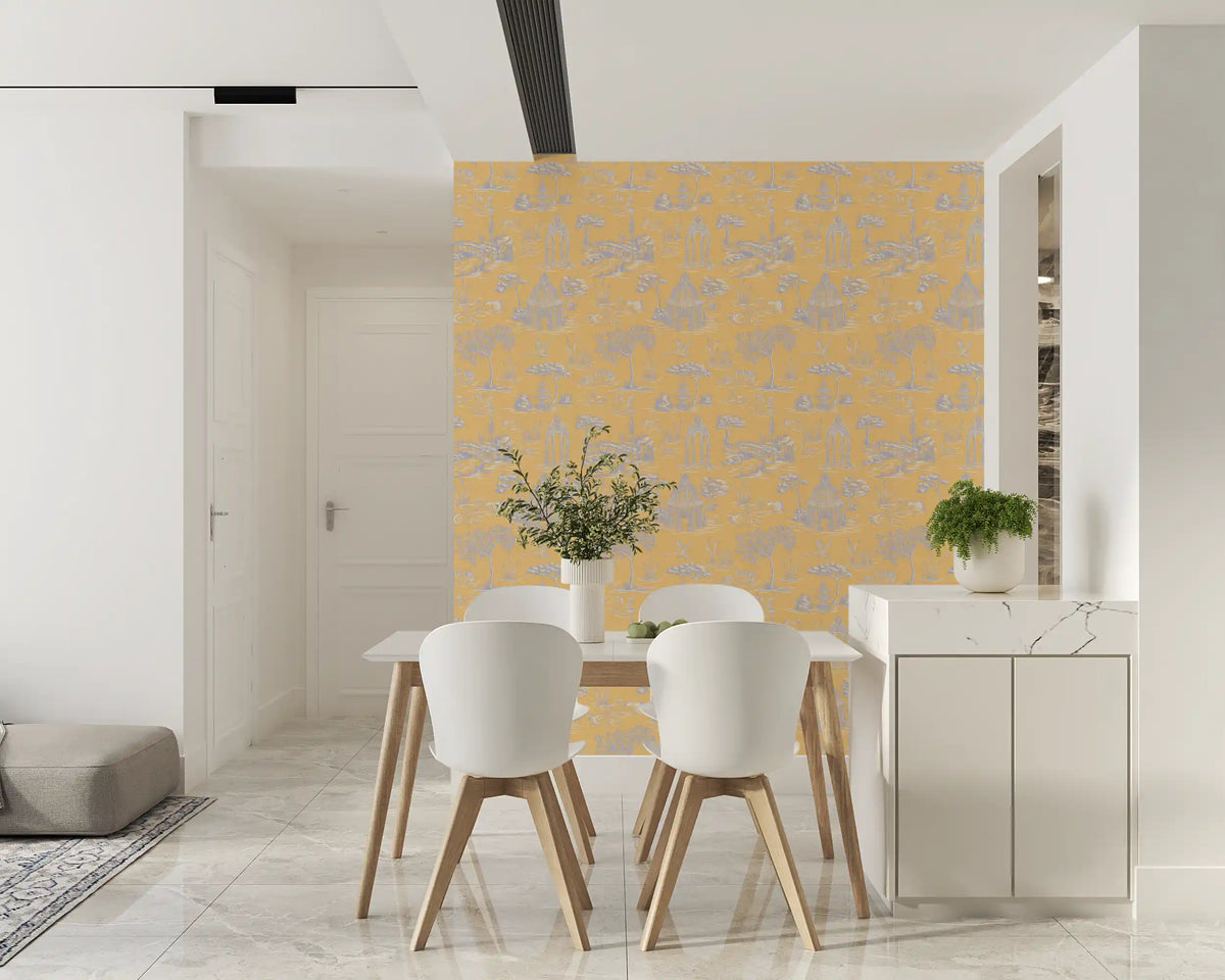 Paisaje de jardín victoriano moderno con cisnes estilo Toile de Jouy - Papel pintado moderno de contraste pastel