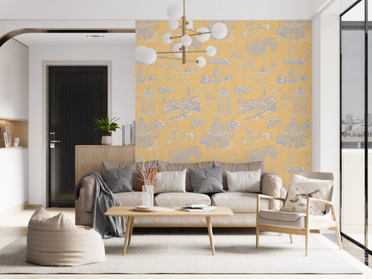 Paisaje de jardín victoriano moderno con cisnes estilo Toile de Jouy - Papel pintado moderno de contraste pastel