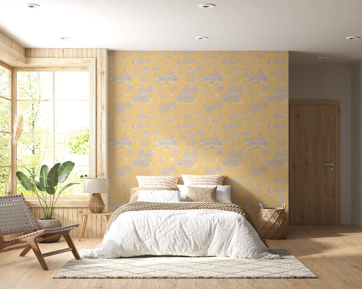 Paisaje de jardín victoriano moderno con cisnes estilo Toile de Jouy - Papel pintado moderno de contraste pastel