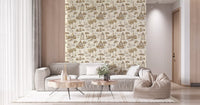 Nowoczesna scenografia wiktoriańskiego ogrodu z łabędziem w stylu Toile de Jouy - tapeta z pozłacanym kontrastem