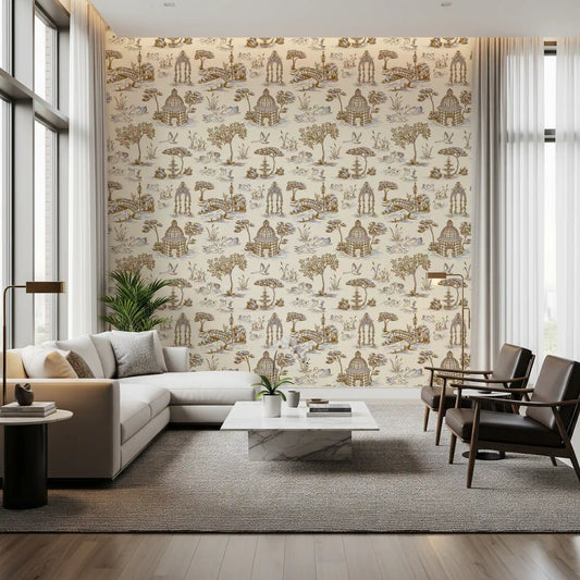 Modern Toile de Jouy Swan Victorian Garden Scenery - Gilded Contrast Wallpaper⁠