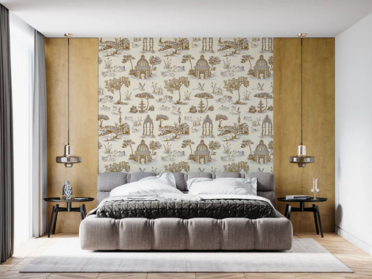 Modern Toile de Jouy Swan Victorian Garden Scenery - Gilded Contrast Wallpaper⁠