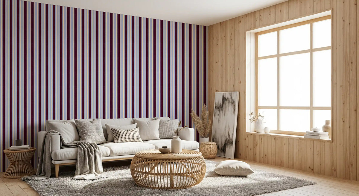 Papier peint à rayures verticales effet lin Ivy League - bordeaux, lilas et crème