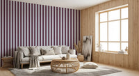 Papier peint à rayures verticales effet lin Ivy League - bordeaux, lilas et crème