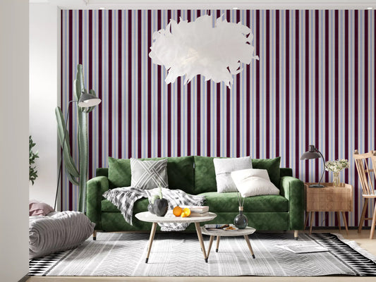 Papel tapiz Ivy League de lino sintético con rayas verticales - burdeos, lila y crema