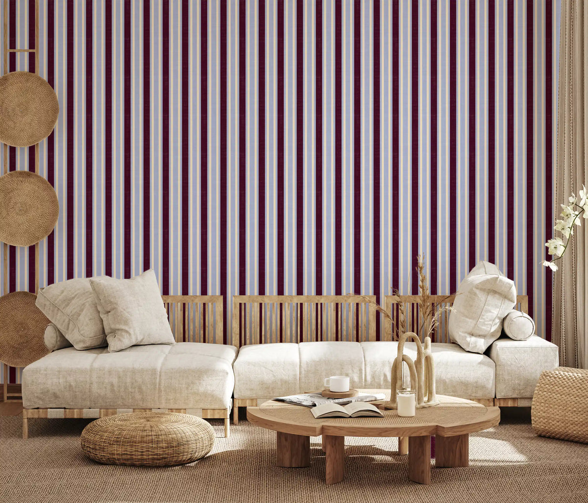 Papier peint à rayures verticales effet lin Ivy League - bordeaux, lilas et crème