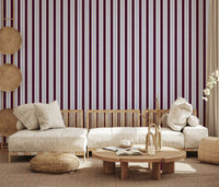Papier peint à rayures verticales effet lin Ivy League - bordeaux, lilas et crème