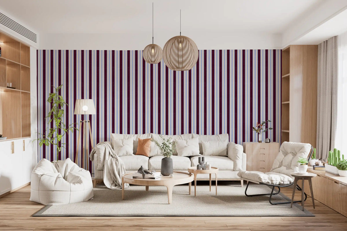 Papier peint à rayures verticales effet lin Ivy League - bordeaux, lilas et crème