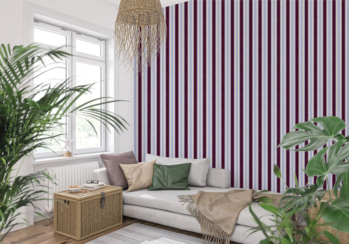Papier peint à rayures verticales effet lin Ivy League - bordeaux, lilas et crème