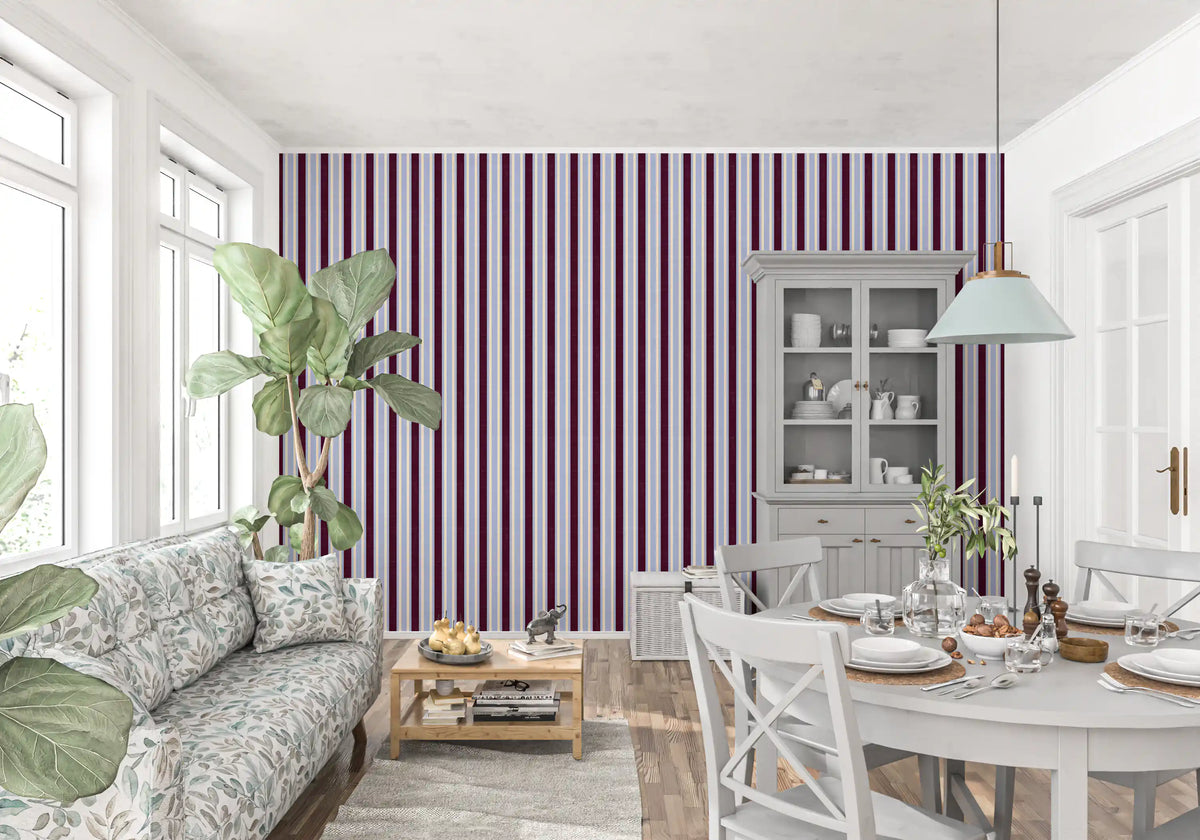 Papier peint à rayures verticales effet lin Ivy League - bordeaux, lilas et crème