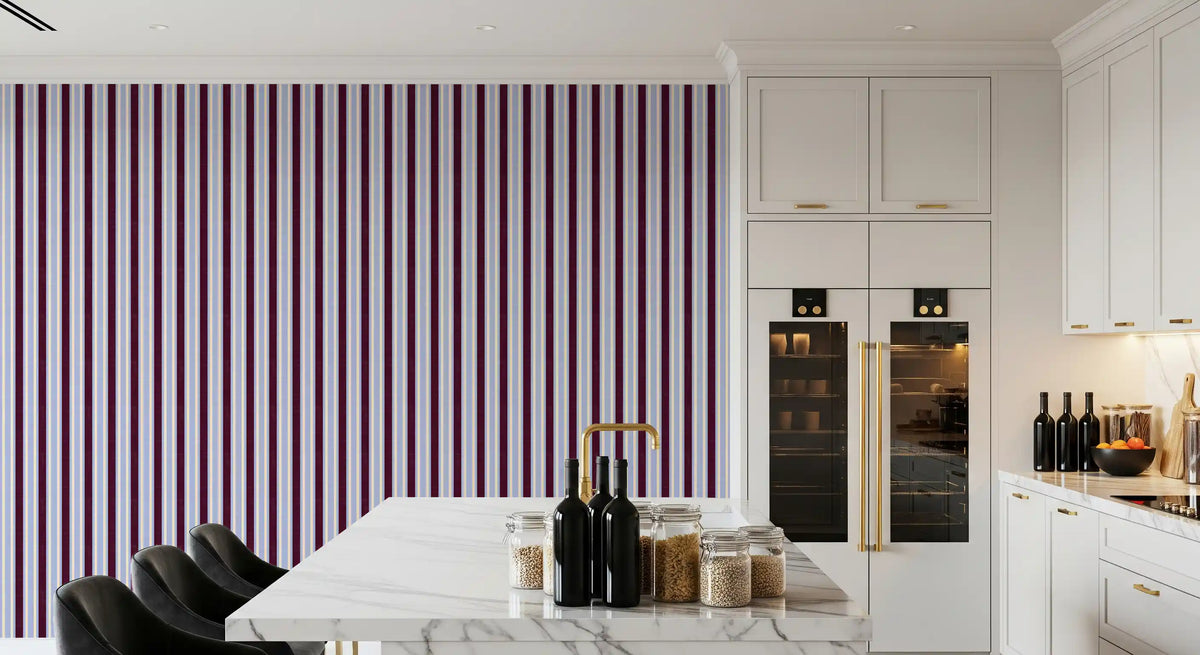 Papier peint à rayures verticales effet lin Ivy League - bordeaux, lilas et crème