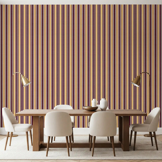 Papel tapiz Ivy League de lino sintético con rayas verticales - burdeos, amarillo mantequilla y crema