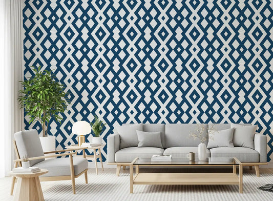 Papel pintado de malla de diamantes minimalista en azul y blanco