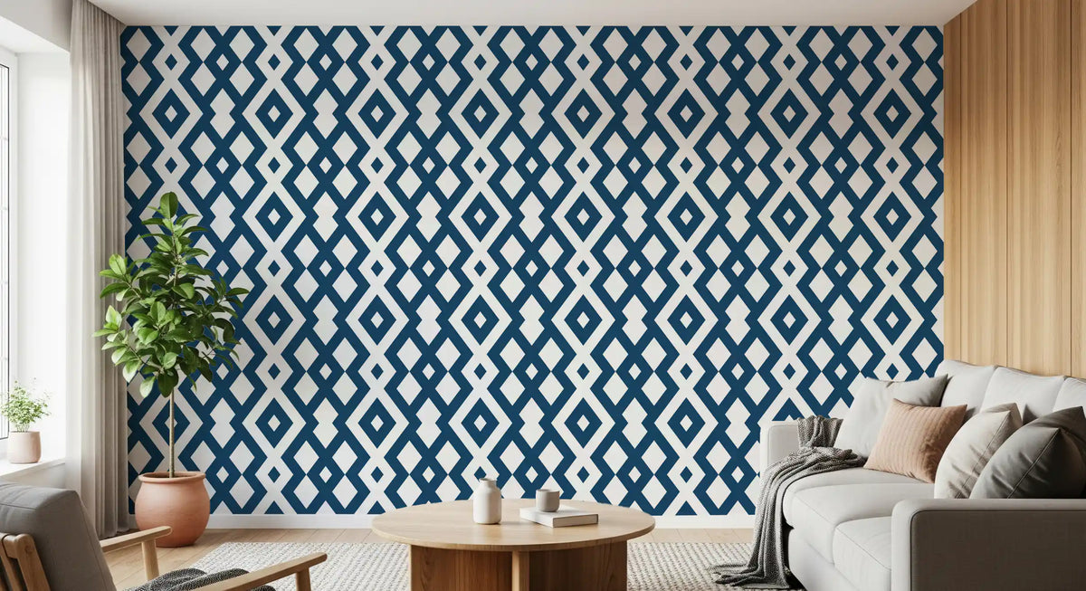 Papier peint à maillage de losanges bleu et blanc minimaliste
